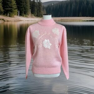 Vintage Rouge by Melium Sweater Women's Sz L Pink Embroidered Flowers Pink Cable